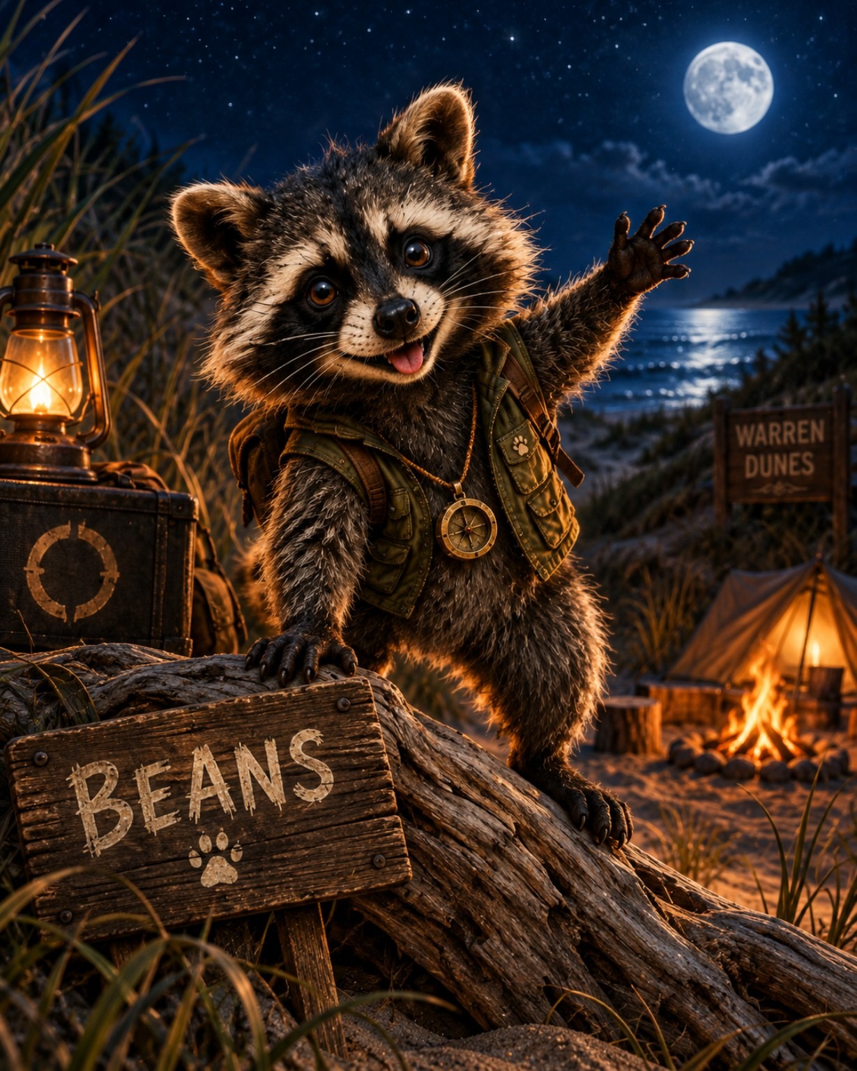 Beans waving from a log beside a glowing lantern