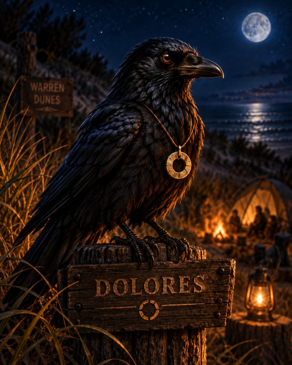 Dolores with an Assembly pendant, perched over her wooden name sign