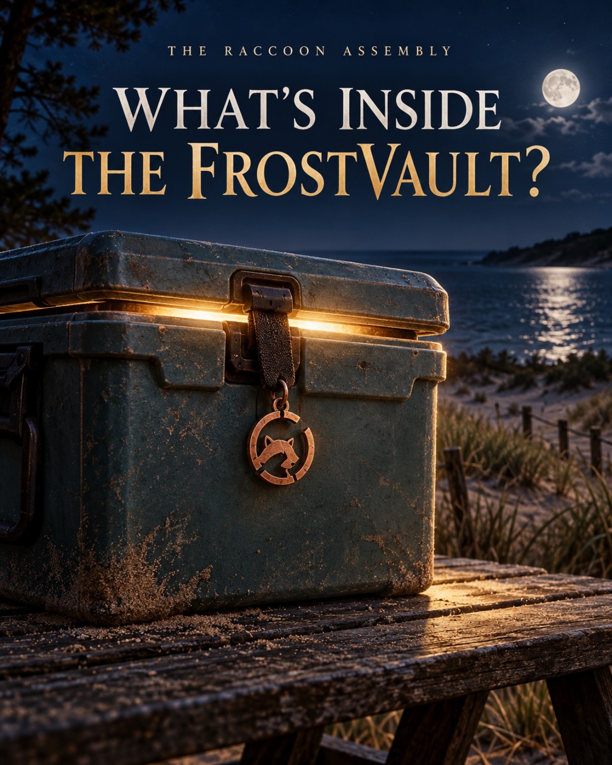 A mysterious FrostVault cooler glowing amber on a moonlit picnic table