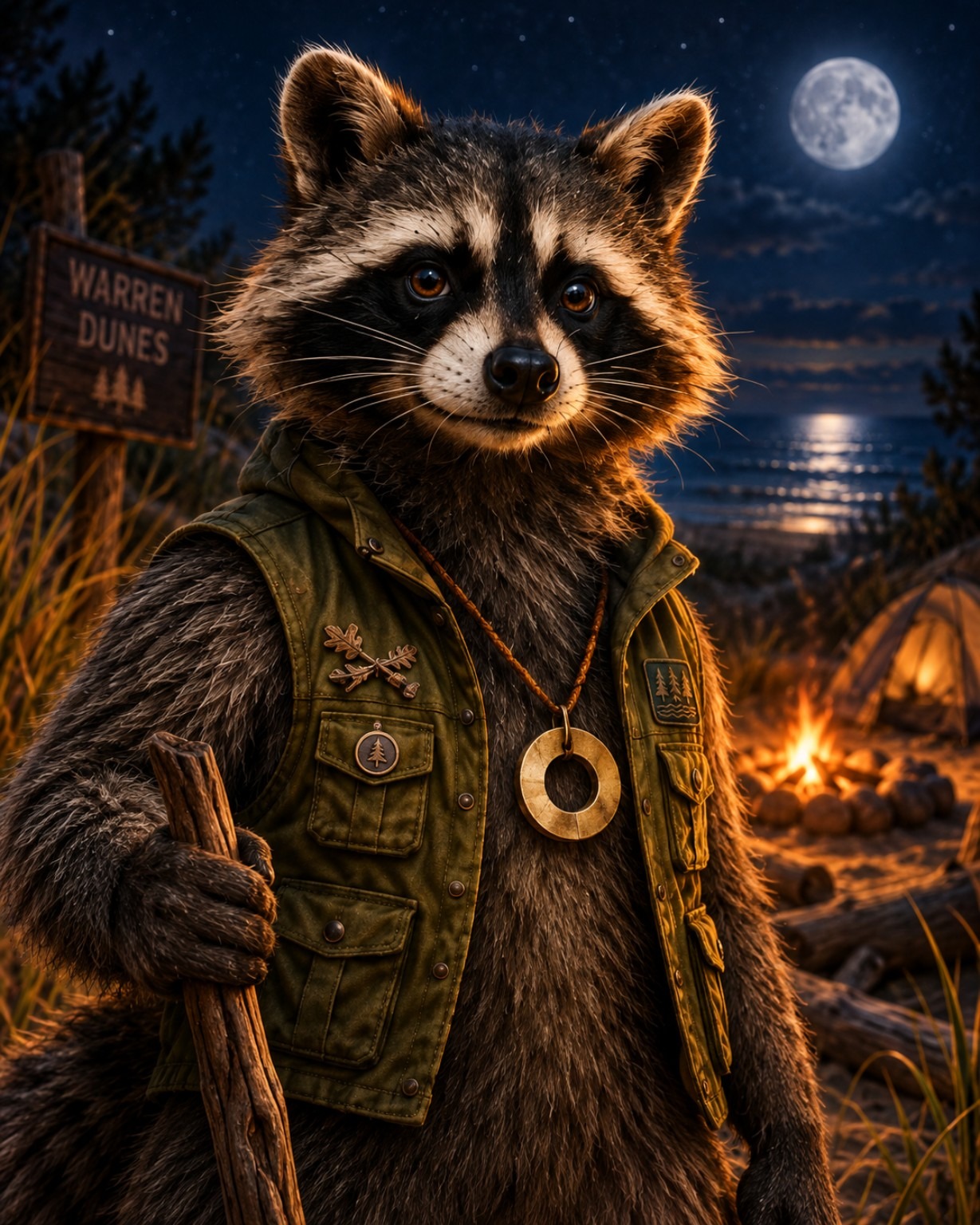 Patch wearing a scout vest beside a moonlit campfire